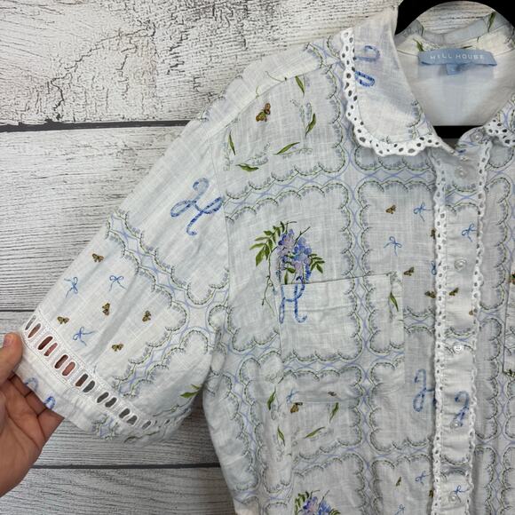 Hill House Women's White Blue Floral Crop Short Sleeve Button Up Top Size Large - Picture 3 of 8